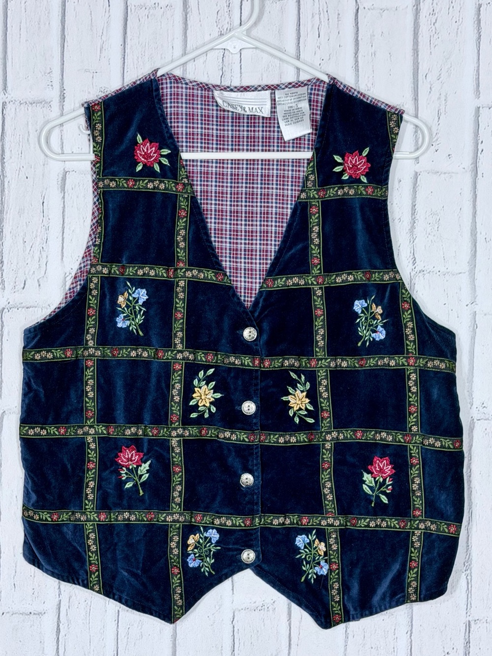 🌹 CASEY & MAX 100% COTTON Vintage Velvet Embroidered Floral Vest Navy Small
